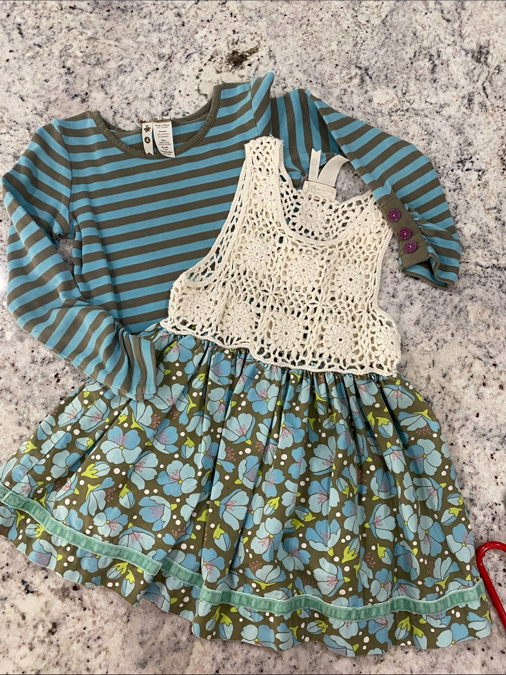 Matilda Jane Olive & Turquoise Floral Dress with Cream Crochet Bib - Picture 7 of 7